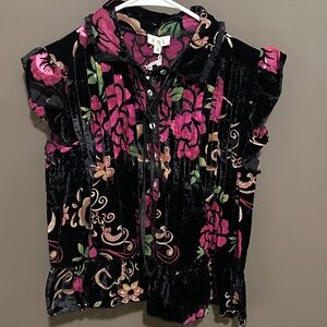 NWT SMALL POL Black Velvet Top with Pink Floral Design